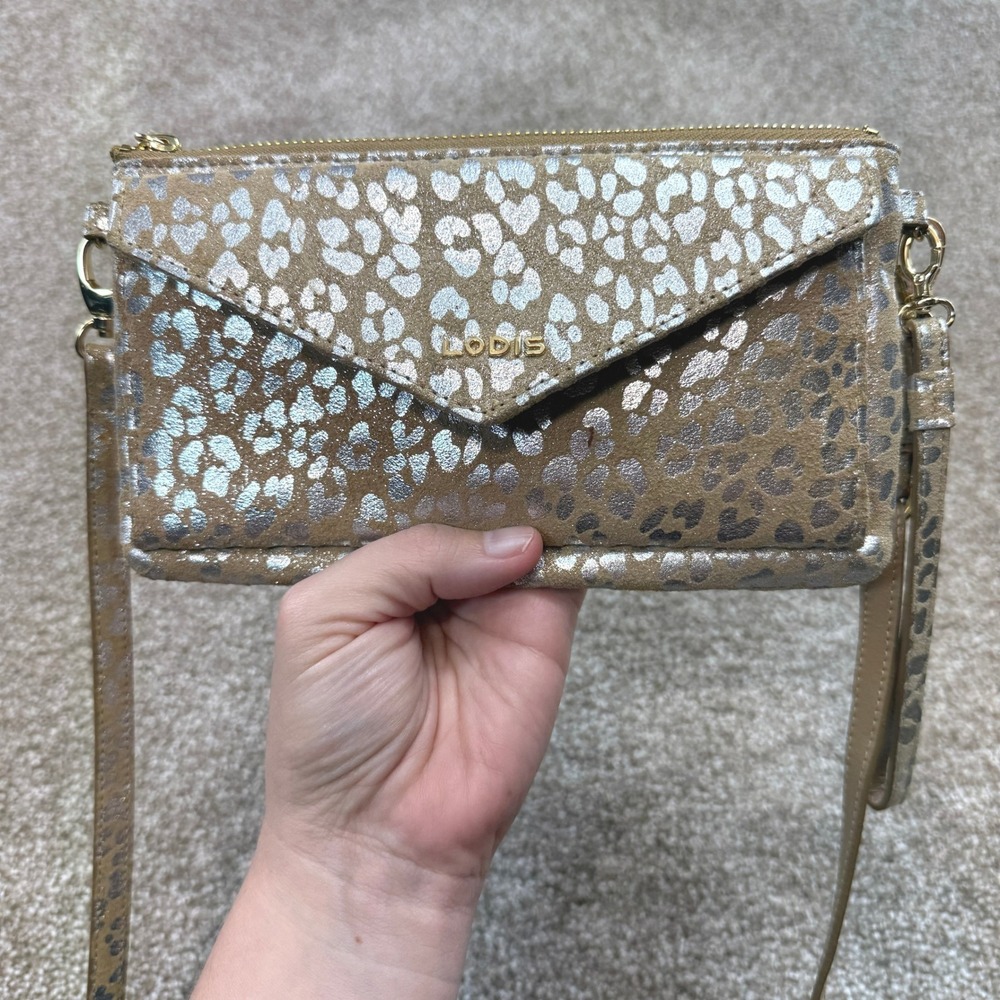 Lodis Metallic Silver Leopard Print Tan Suede Crossbody Wallet Bag Small Purse